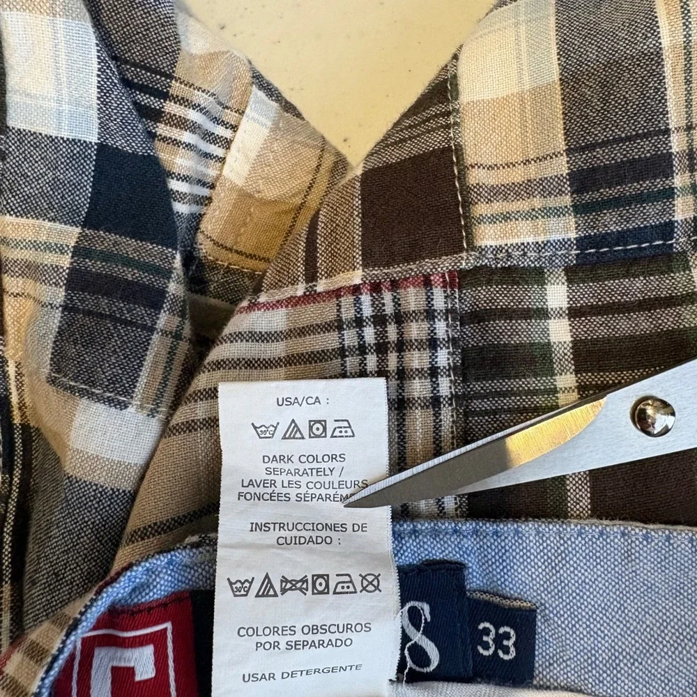 Chaps Mens Patchwork Plaid Shorts Brown Navy Blue Cotton Flat Front Size 33